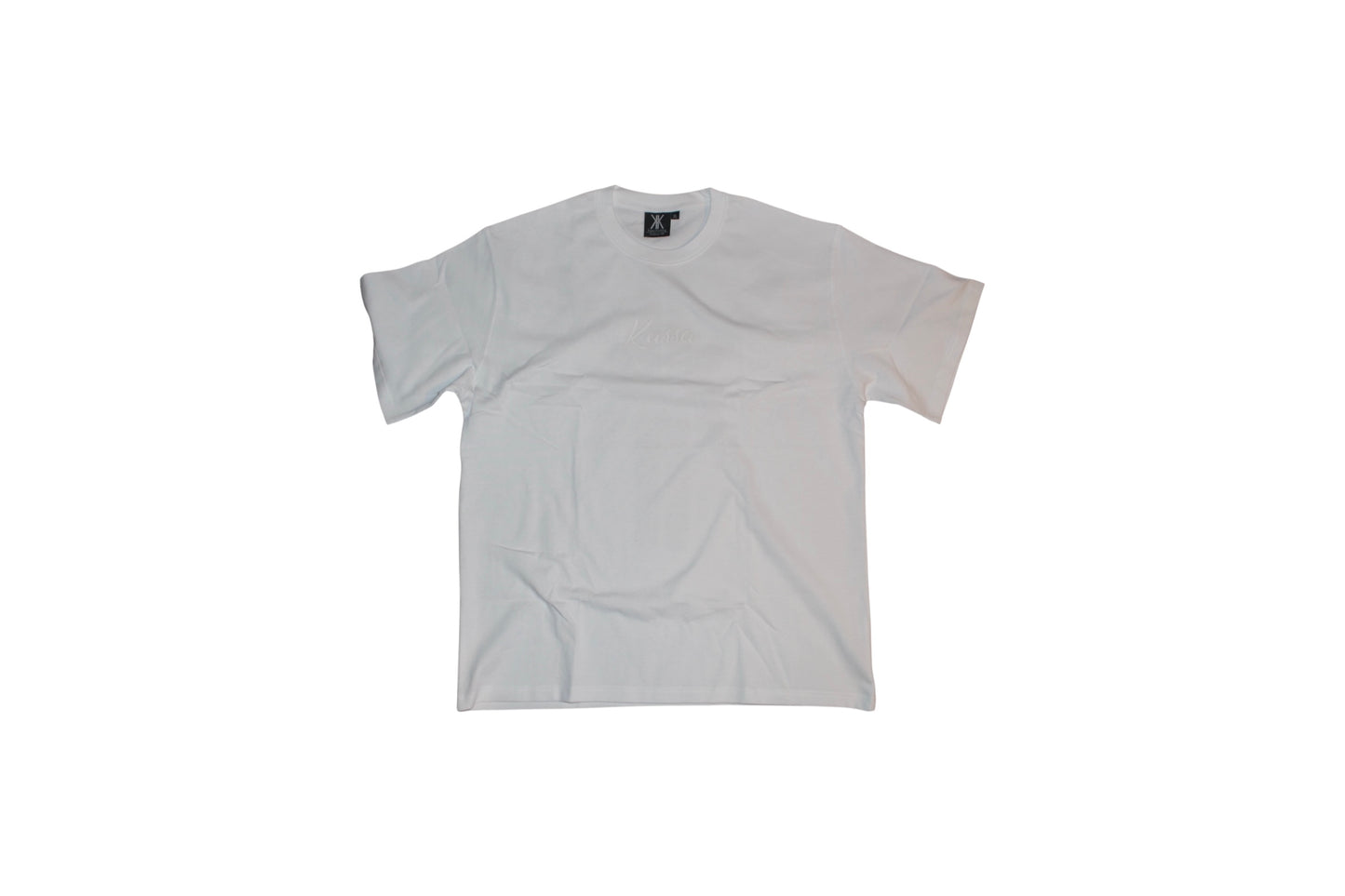 White shirt, with white lettering and black logo