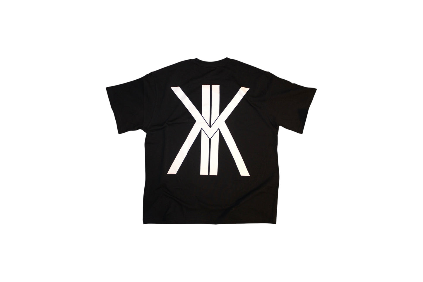 Black T-shirt, with black lettering and white logo