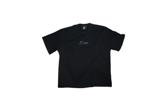 Black T-shirt, with black lettering and white logo