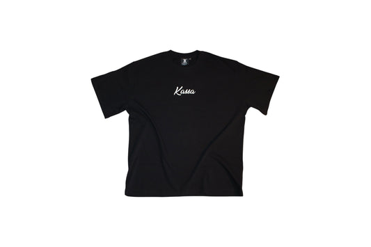 Black T-shirt, with white lettering and white logo